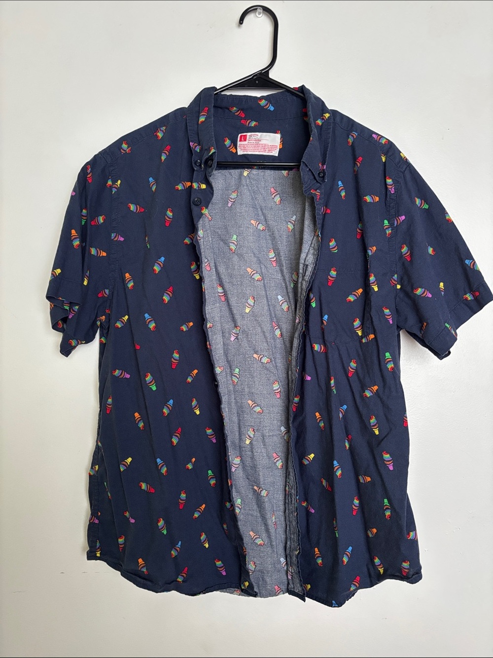 Target Men's Navy Short-Sleeve Button-Down Shirt with Multicolor Cone Print